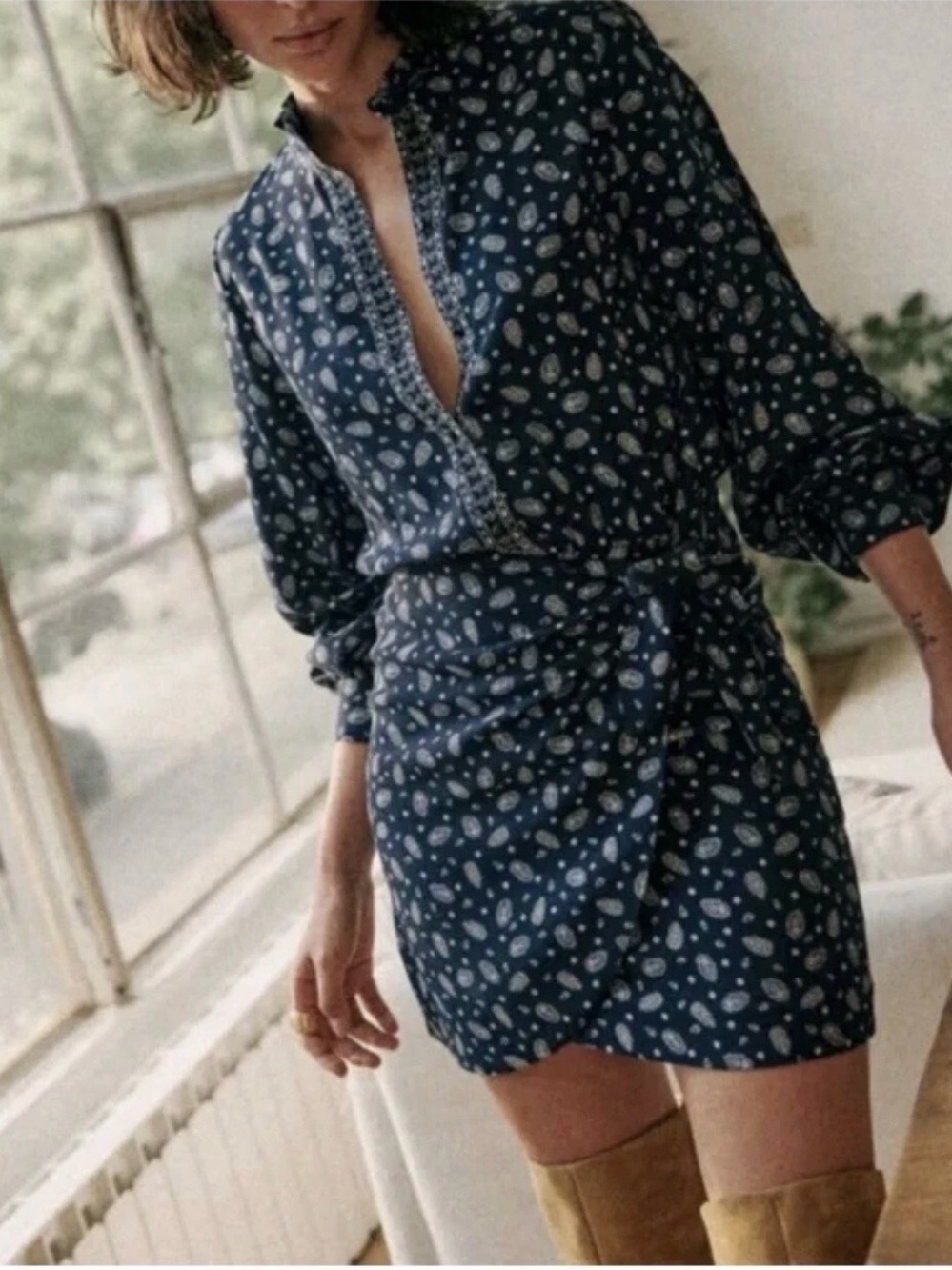 Sezane Capri Bandana Navy Paisley Shirt Dress, Fr 36, US 6